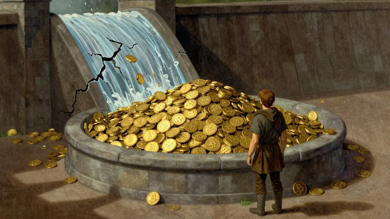 Fountain overflowing with coins symbolizing token inflation
