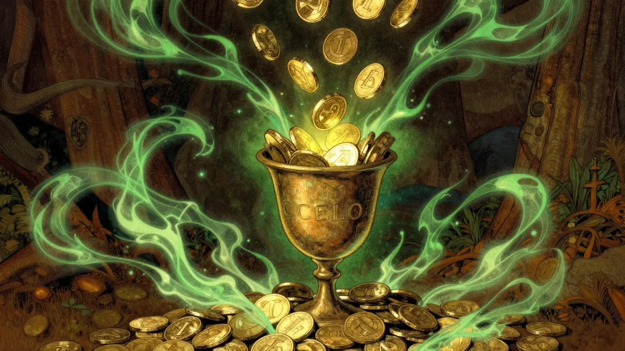 Gold coins transforming into glowing interest-bearing tokens