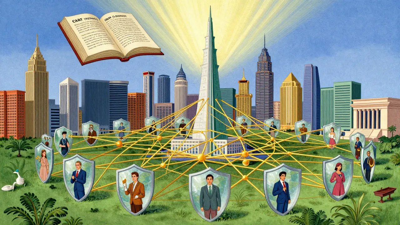 Golden network connecting financial hubs with shields symbolizing crypto regulation