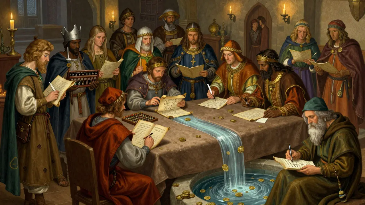 Heralds comparing scrolls and a scholar watching a coin pool, illustrating data verification and aggregation methods.