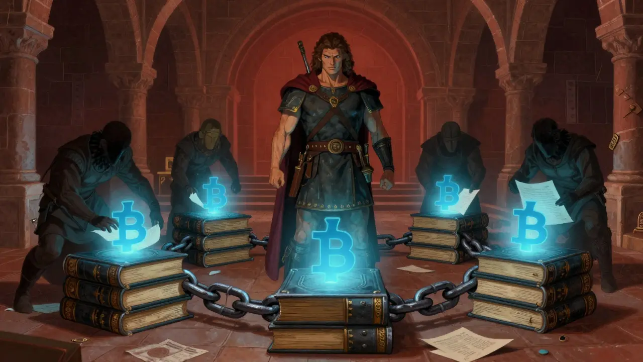 Heroic figure guarding a chain of glowing books, symbolizing secure and immutable blockchain data.