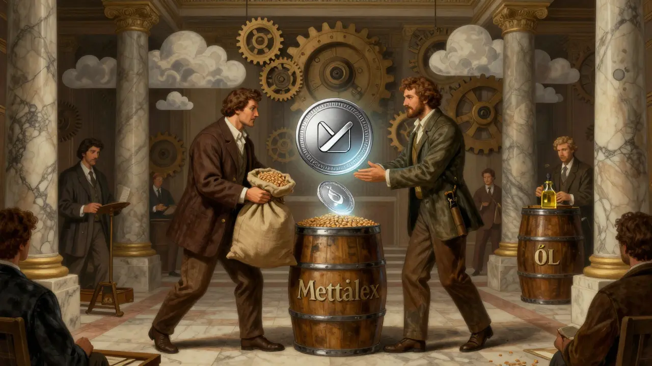 Illustration of merchants trading physical commodities like grain for glowing digital tokens.