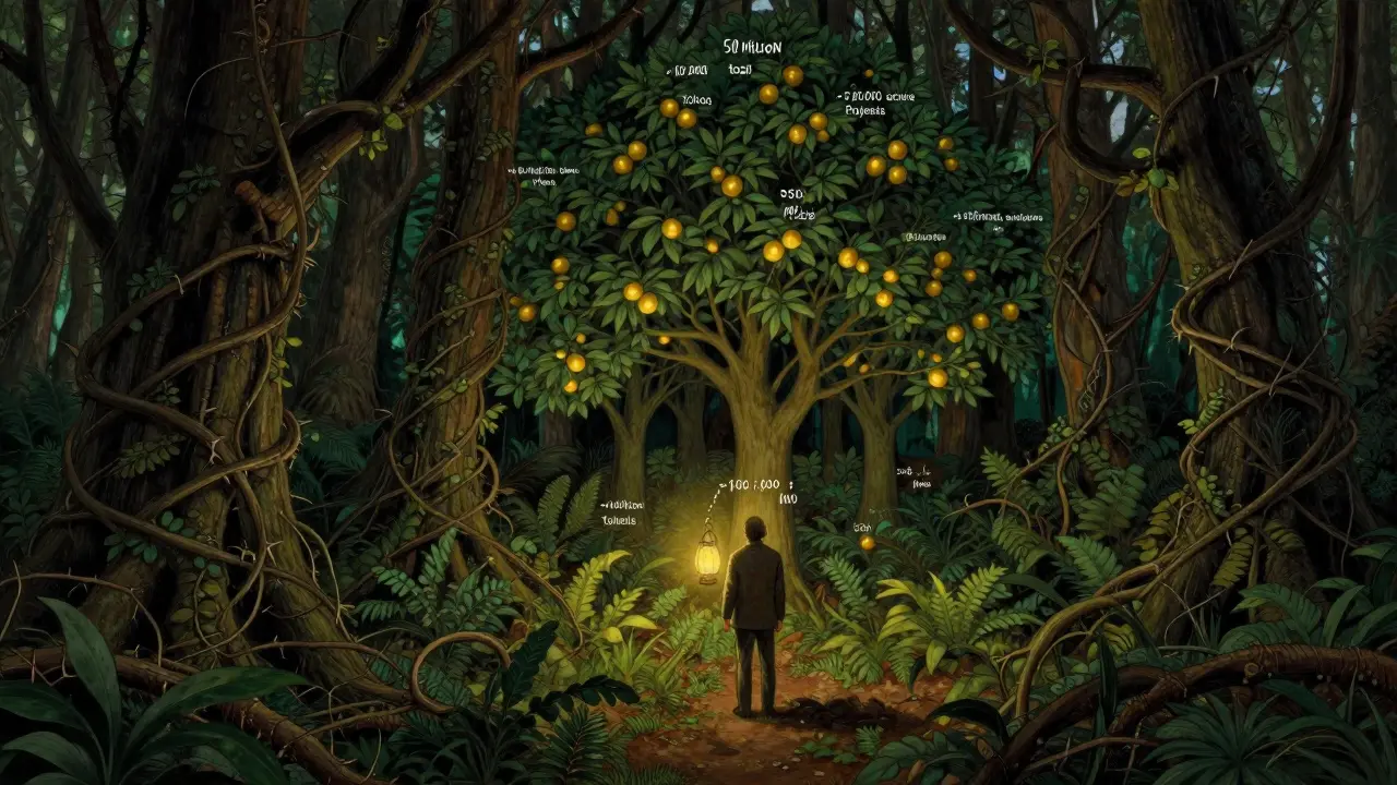 Investor using a lantern to find viable crypto projects in a dark forest