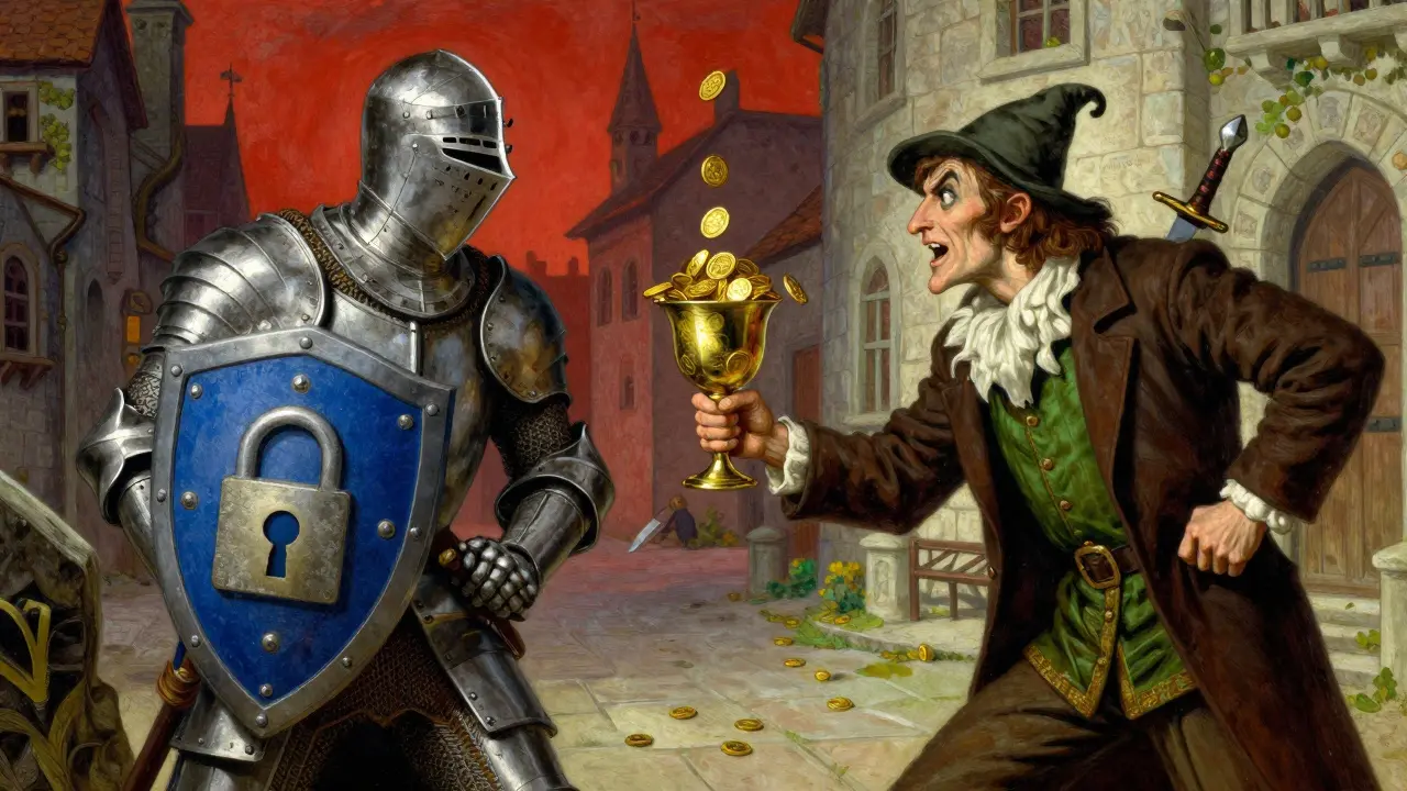 Knight defending against a scammer offering free tokens with hidden dangers