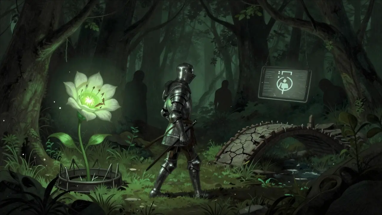 Knight navigating dark forest filled with phishing and code traps