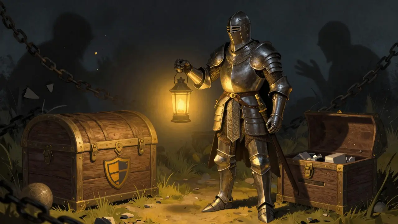 Knight protecting treasure chest in Howard Pyle style art