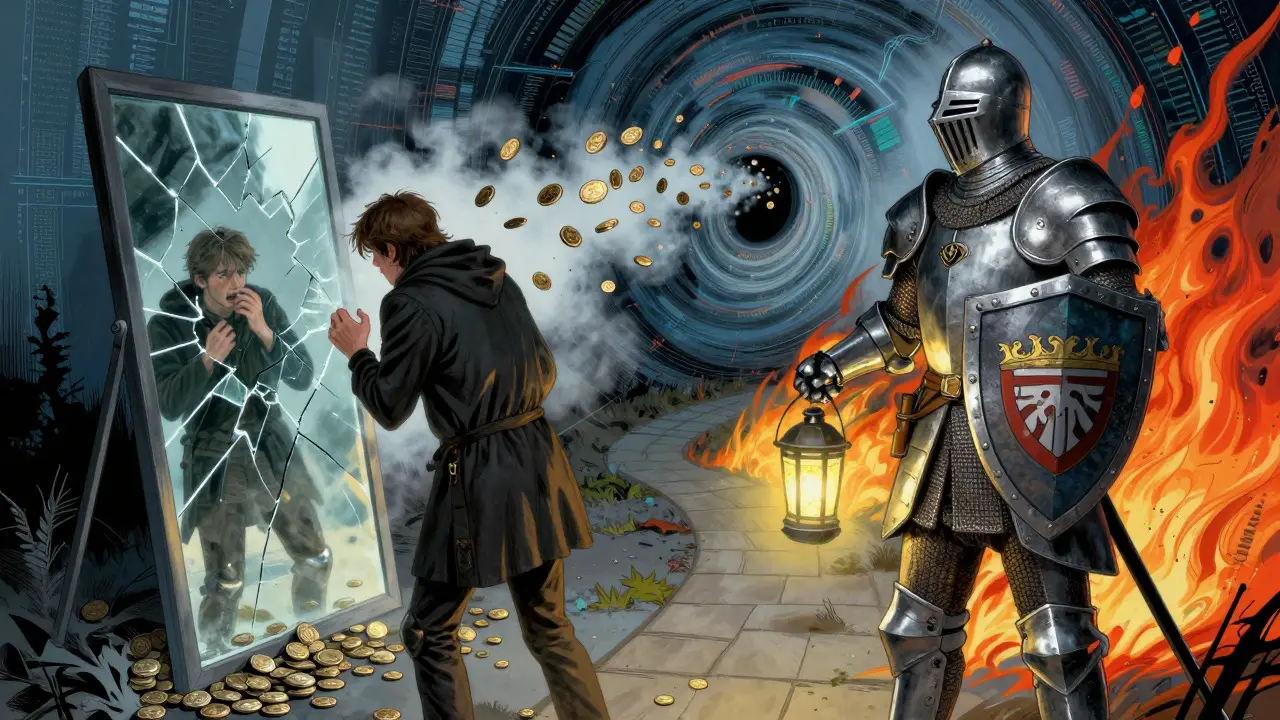 Knight with lantern guiding person away from shattered mirror and chaos