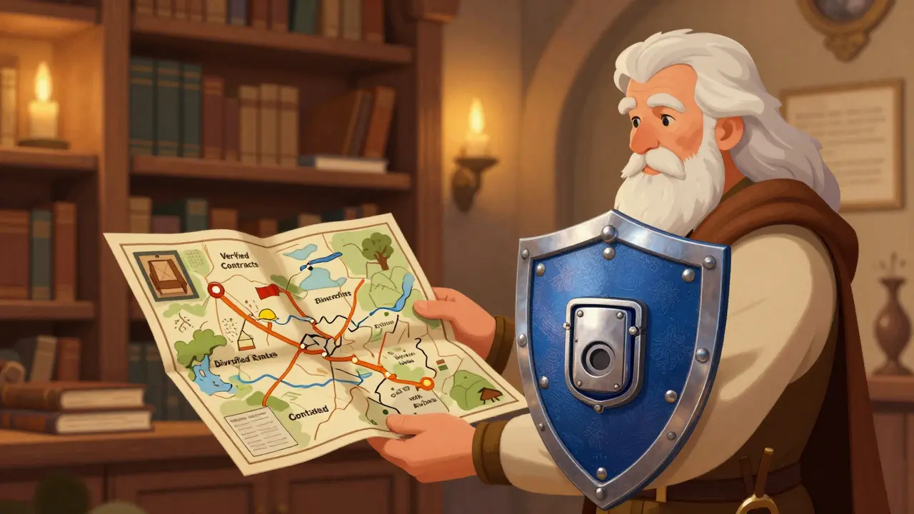 Mentor giving shield and map to adventurer for safe DeFi journey