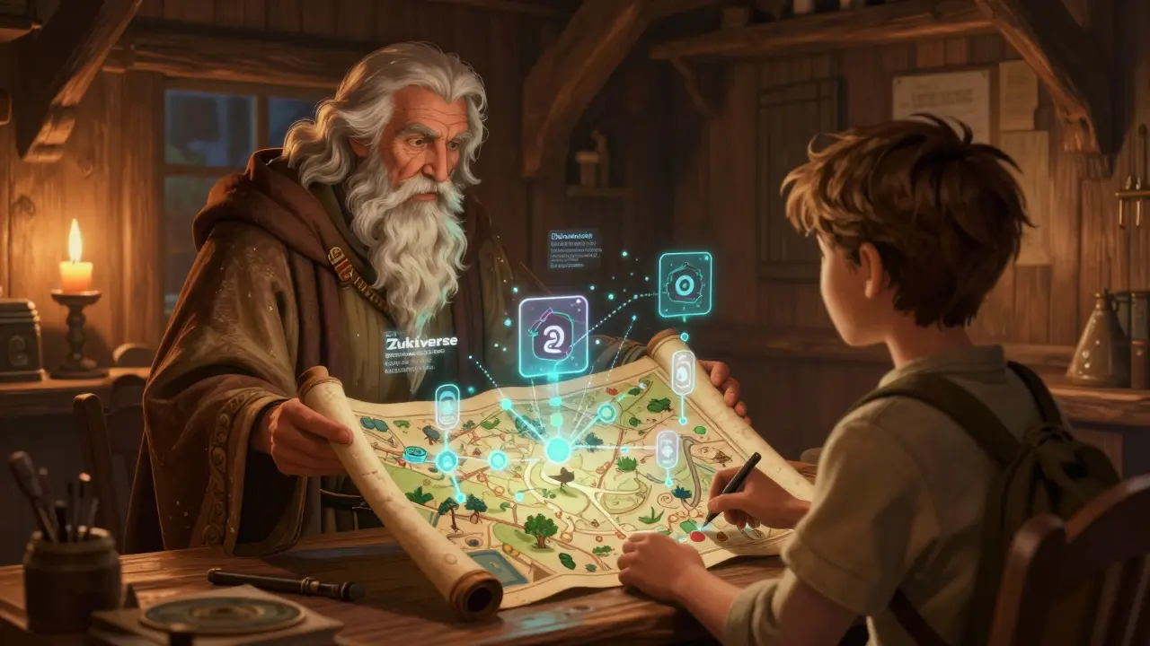 Mentor showing digital map to adventurer