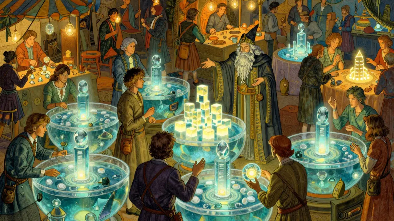 Merchants trading glowing orbs in crystal pools with a wizard aiding developers.
