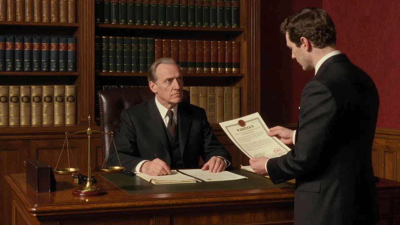 Official reviewing crypto license application in a formal, historic office setting