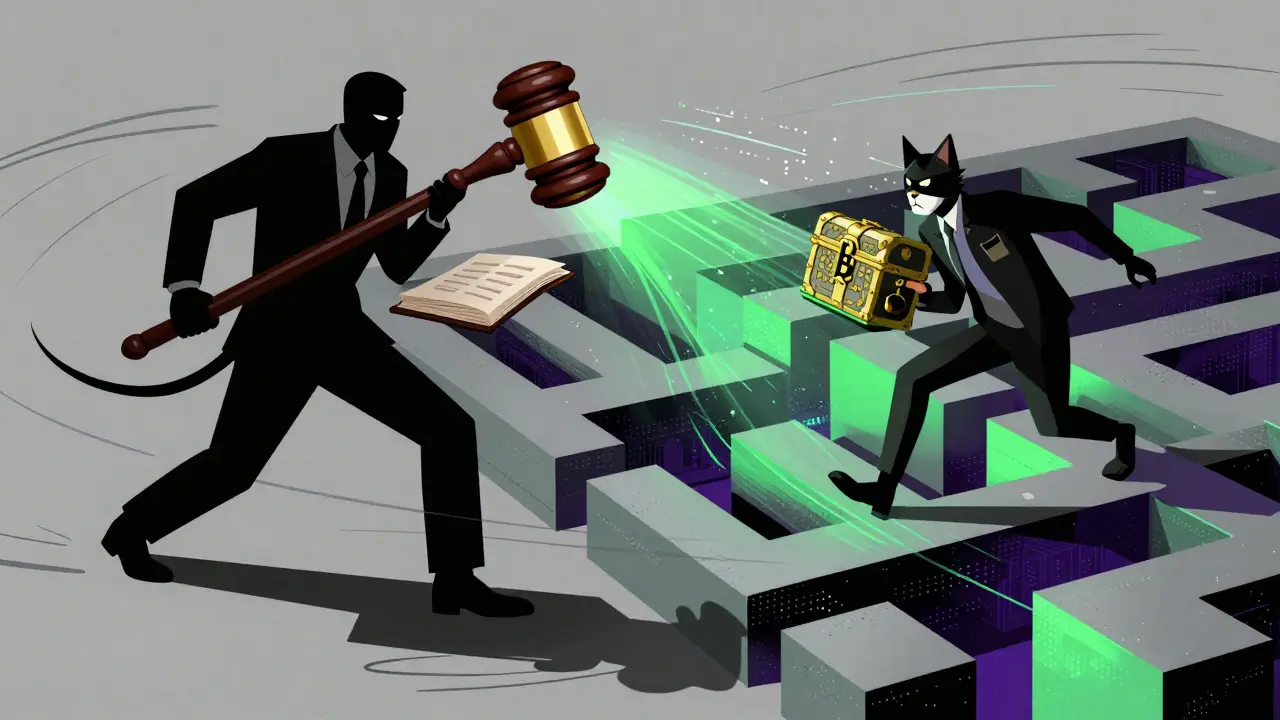 Regulatory authorities chasing crypto users through a digital maze.