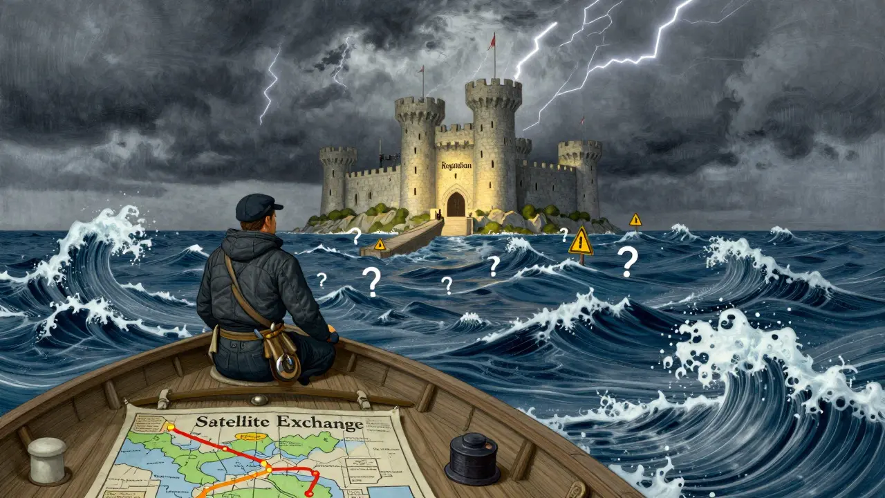 Sailor navigating stormy seas toward a regulated castle, representing the choice between risky and safe exchanges.