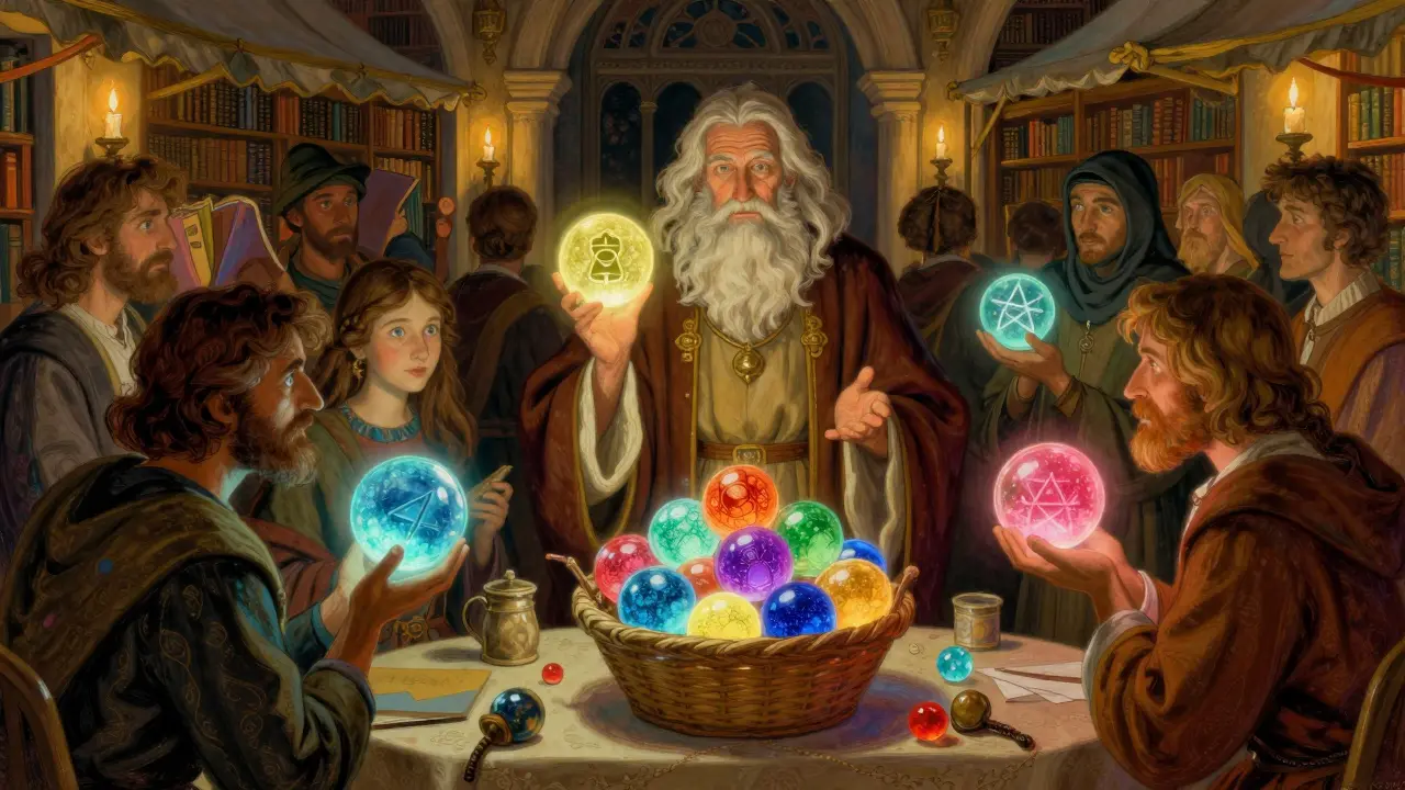 Scholar displaying a basket of diverse crypto orbs, illustrating diversified staking security.