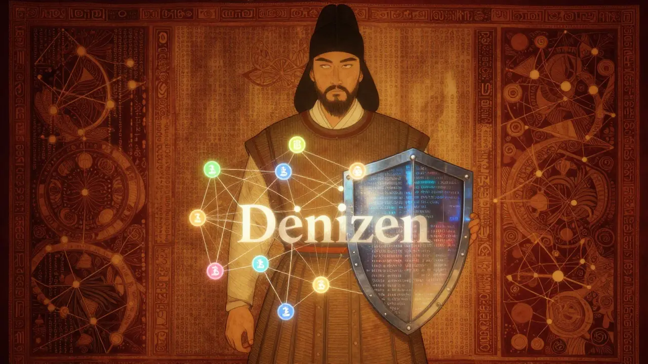 Stylized figure with data shield illustrating Joseon's Denizen identity concept