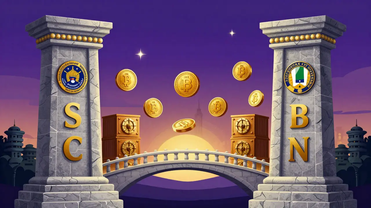 Symbolic pillars of SEC and CBN connecting banks to digital assets under a twilight sky.