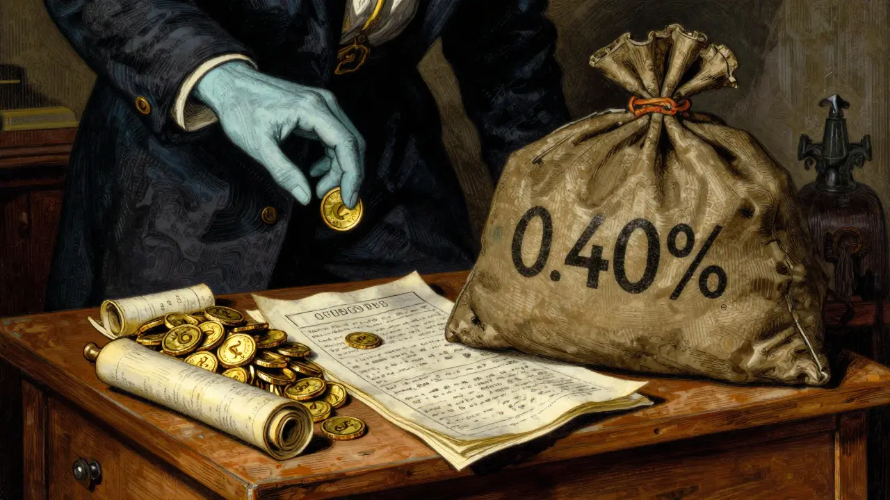 Trader comparing fee piles under dramatic lighting, illustrating cost benefits versus potential hidden dangers.