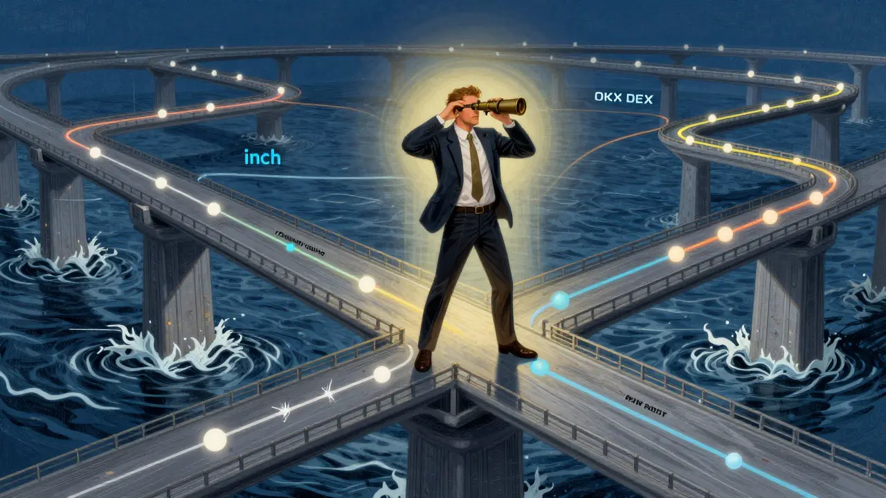 Trader using a telescope to navigate multi-chain bridges over chaotic waters