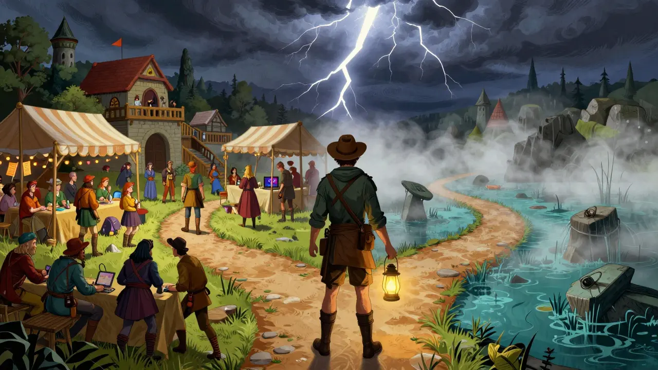 Traveler at a crossroads between a market and a dangerous swamp