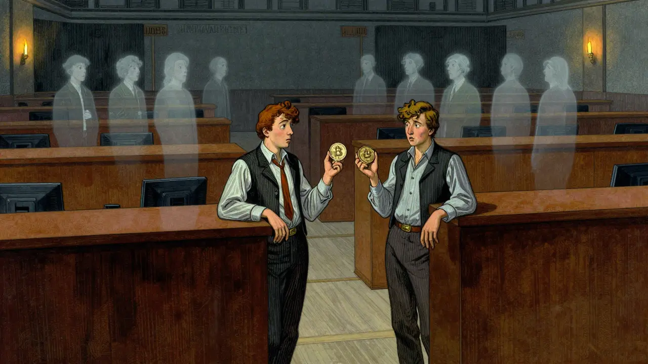 Two isolated traders in an empty hall, illustrating BQT's lack of liquidity.