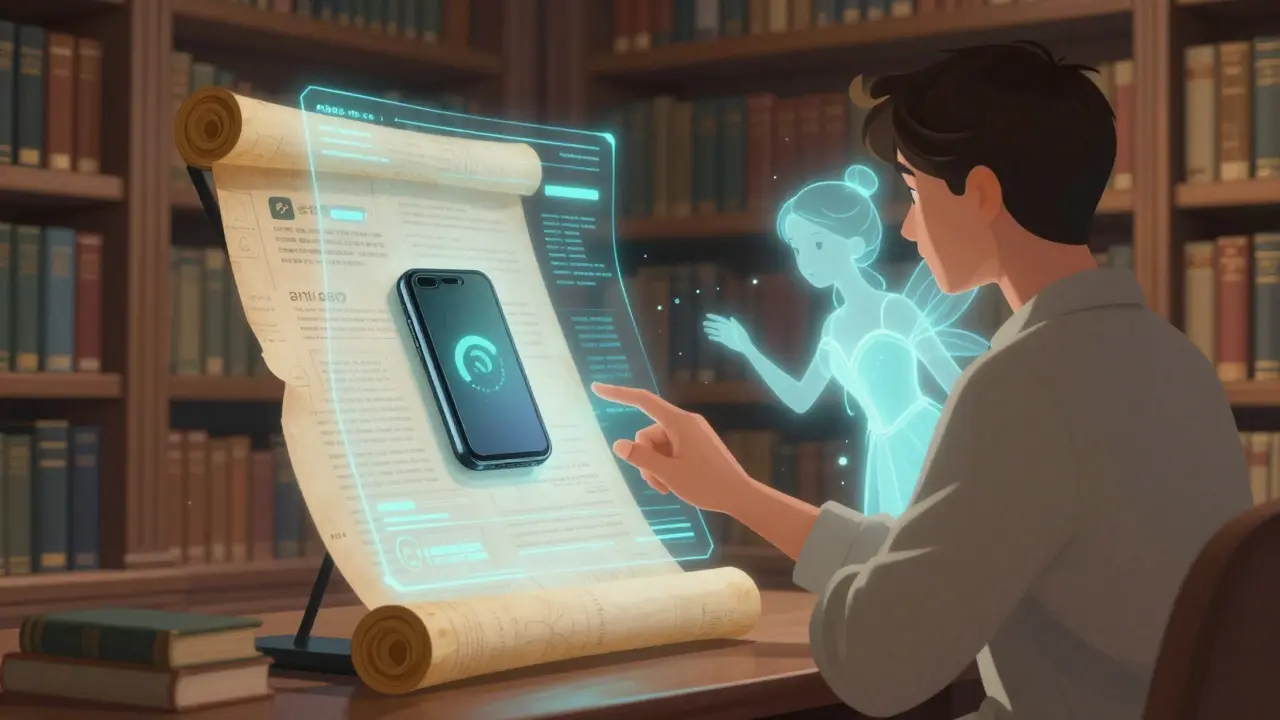 User guided by a glowing spirit at a digital scroll interface, representing AI-assisted wallet use.