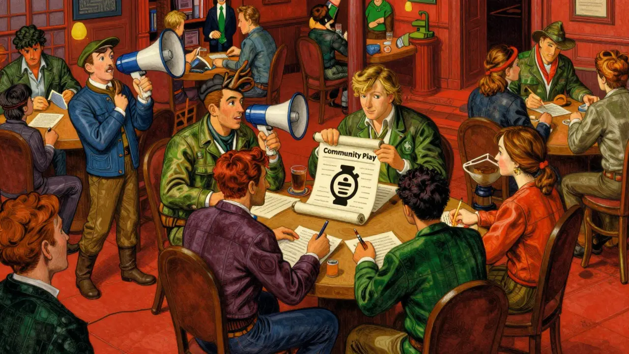 Vintage cartoon scene of people gathering in a town square to complete social media tasks.