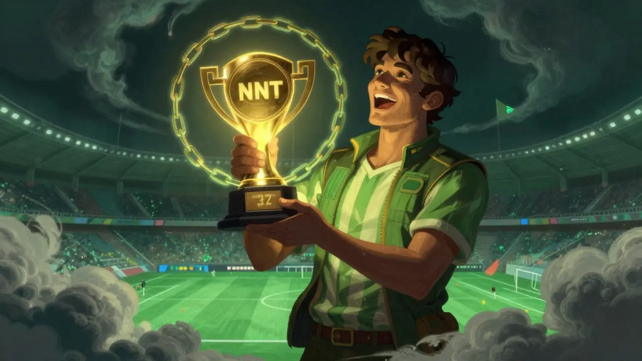 Winner celebrating with a glowing NFT trophy amidst digital clouds