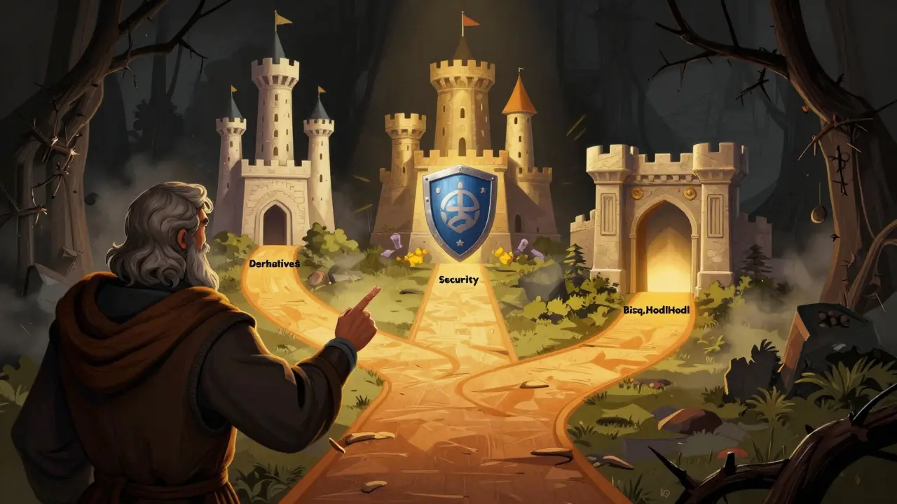 Wise figure guiding viewers away from danger toward three safe trading paths.