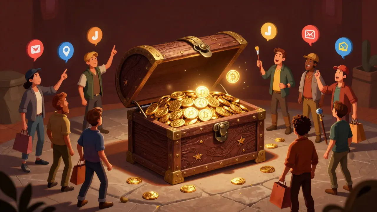 A chest of glowing tokens being claimed by three distinct user groups