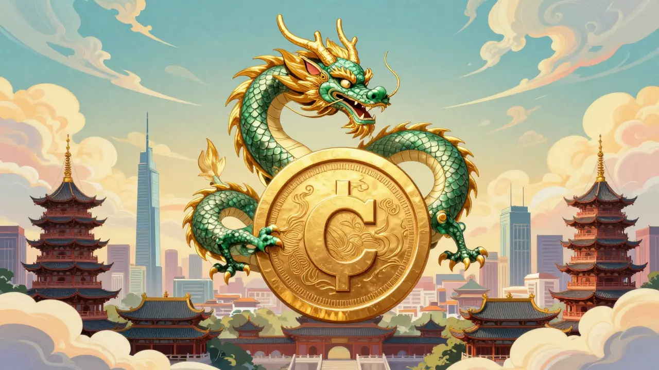 A golden dragon coiled around a large coin floating over a traditional and modern city