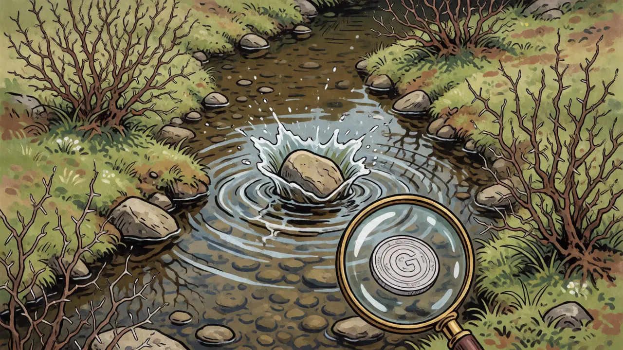 A stone dropping into a shallow stream causing chaotic ripples and distortion.