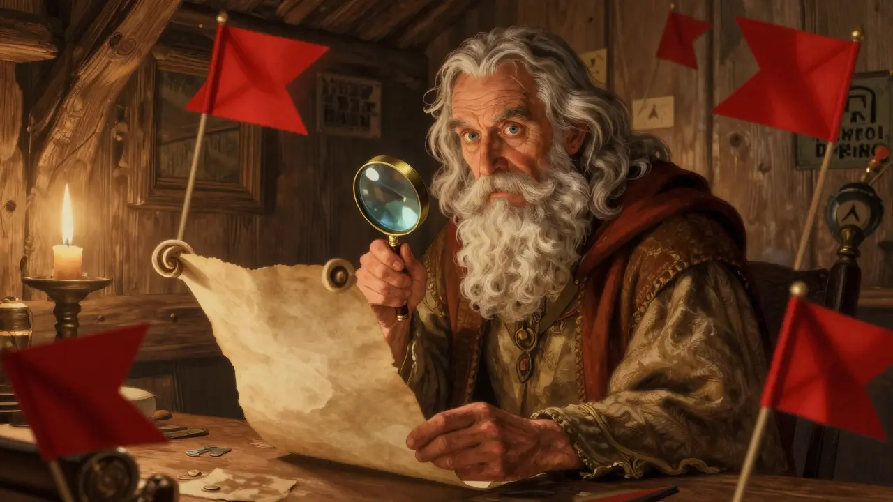 A wise sage examining a blank scroll with a magnifying glass, representing the need for due diligence and skepticism in crypto investments.