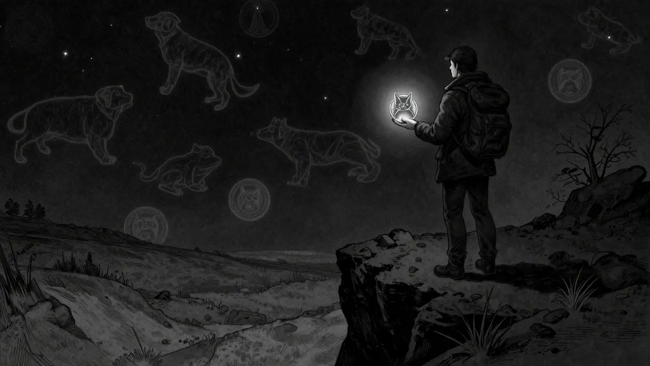 Adventurer holding a glowing token overlooking a starry void