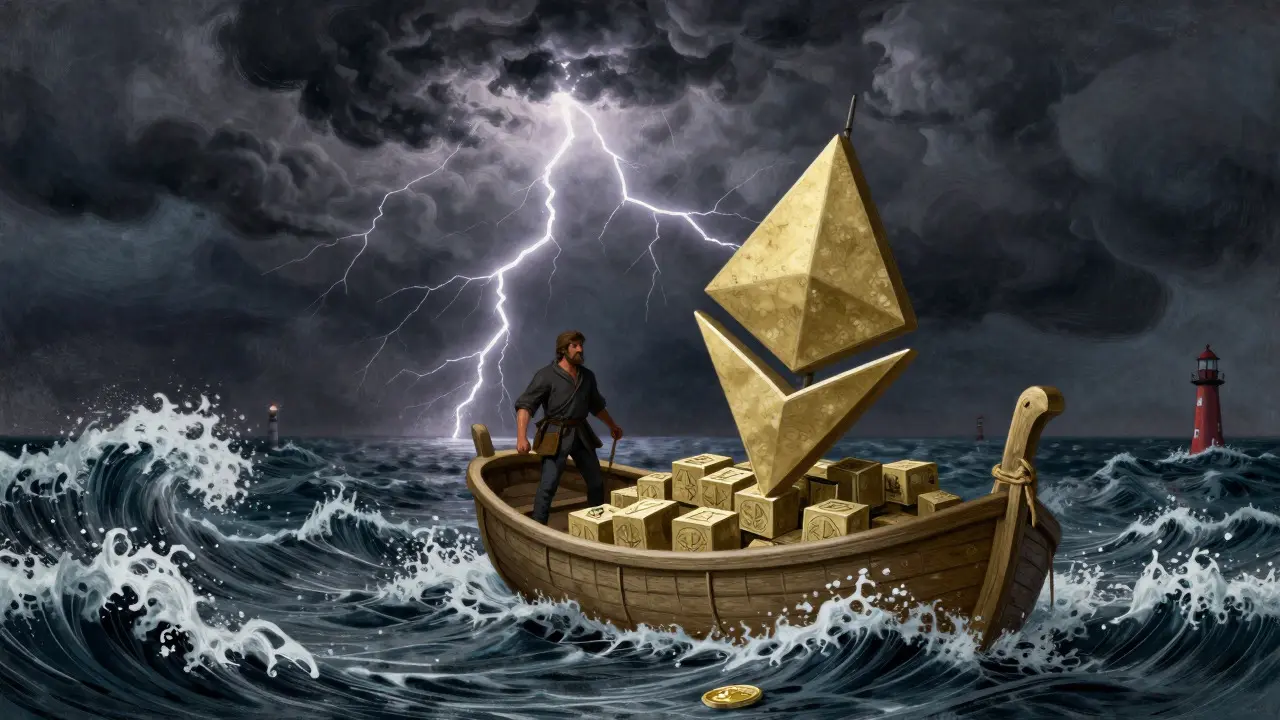 Adventurer sailing a block boat through stormy crypto markets