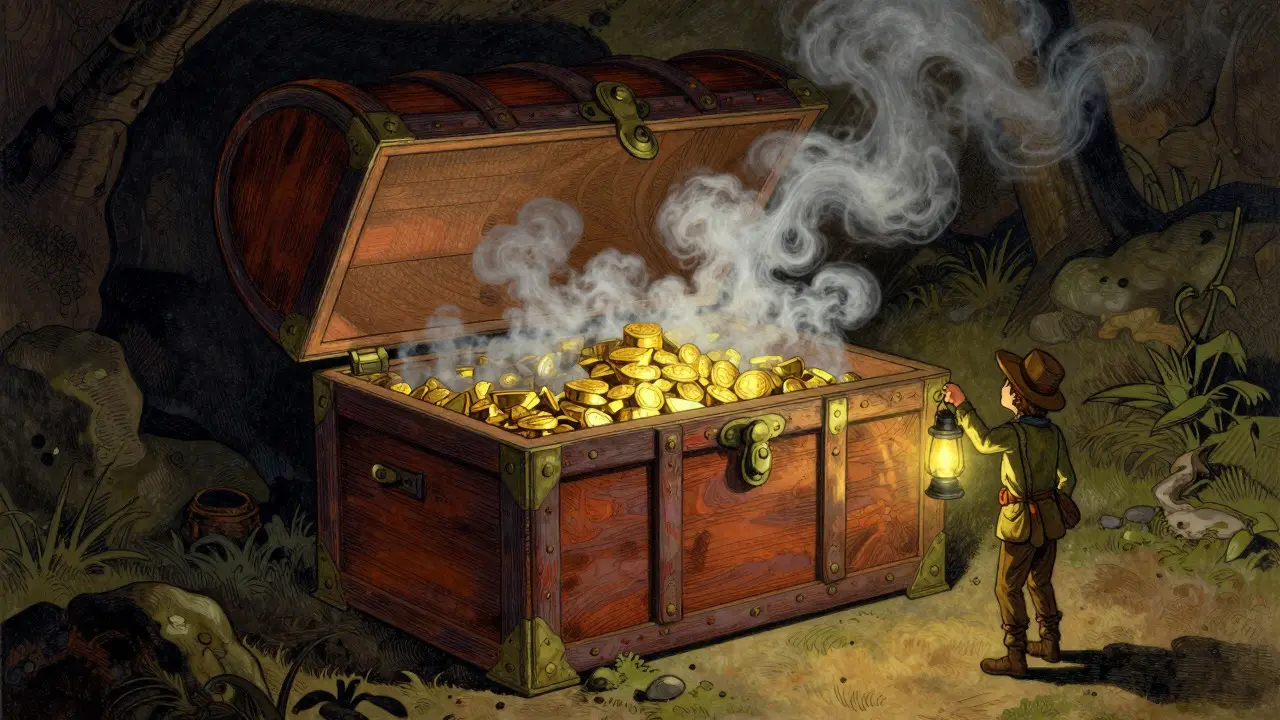 An explorer examines a treasure chest filled with fog instead of gold in a dark cave