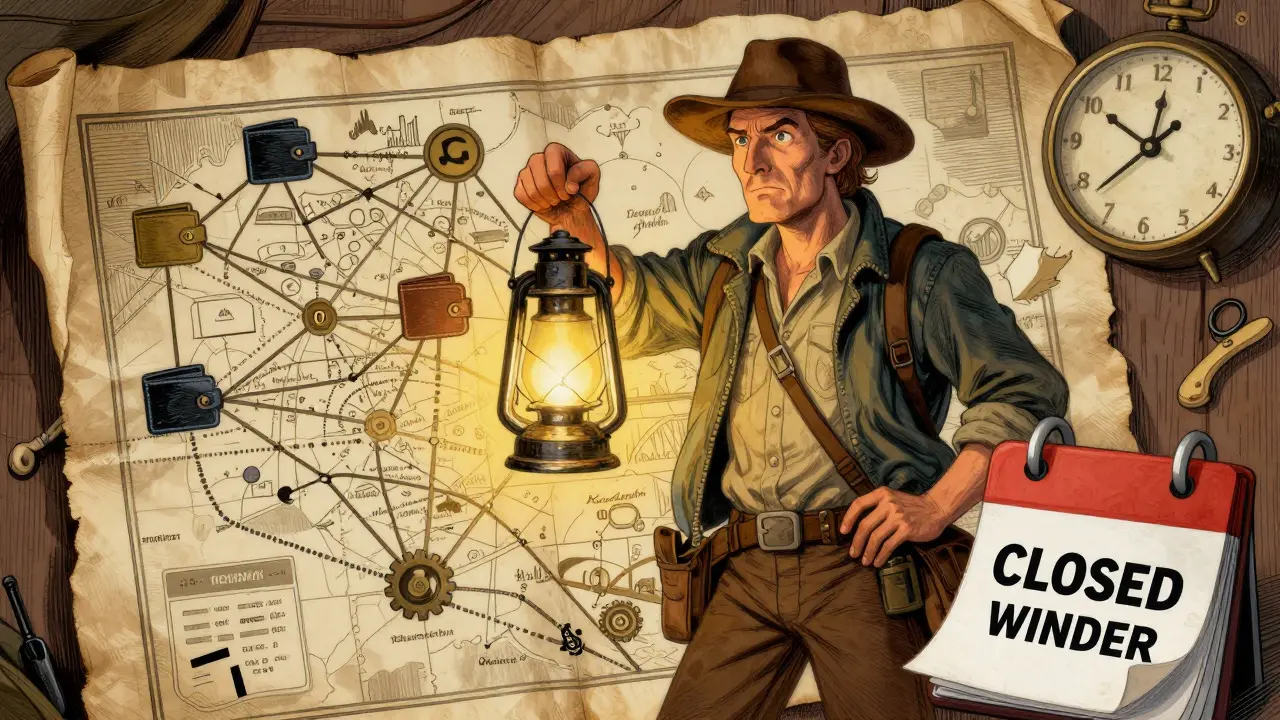 An explorer examining a network map with a lantern and torn calendar