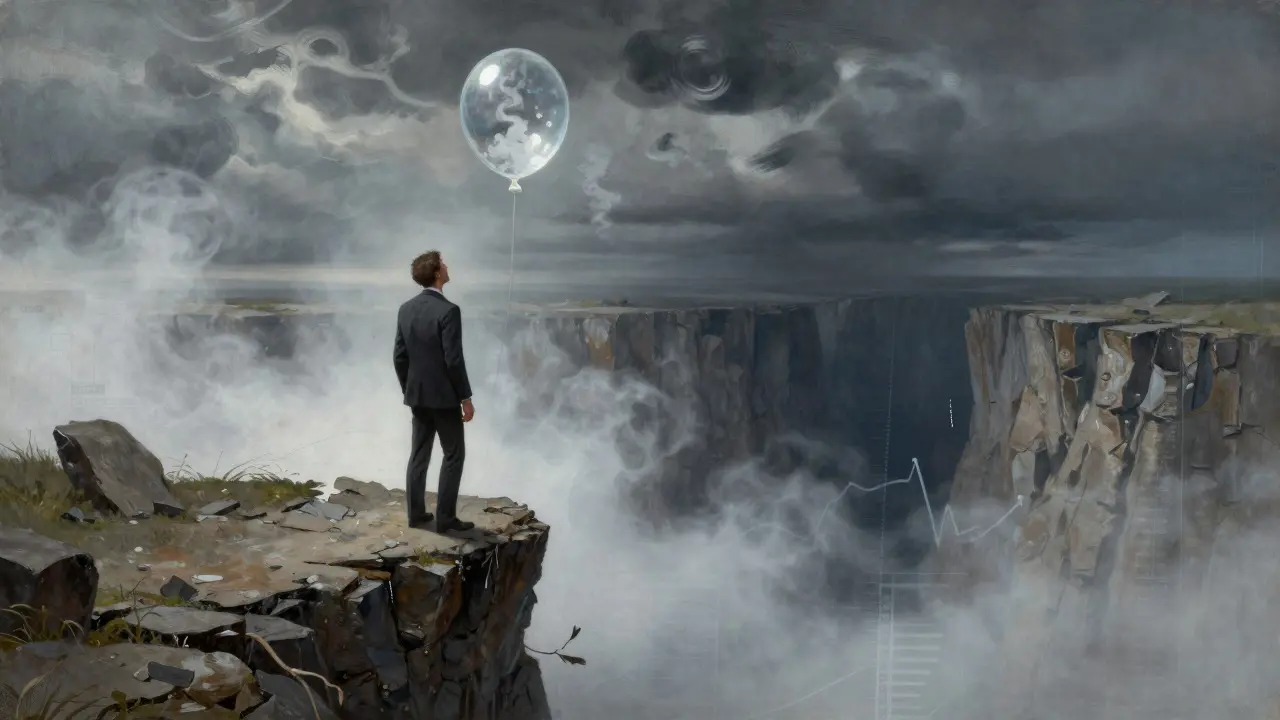 An investor on a cliff edge holding a smoke-filled balloon, symbolizing the high risk and lack of utility in speculative meme coins.