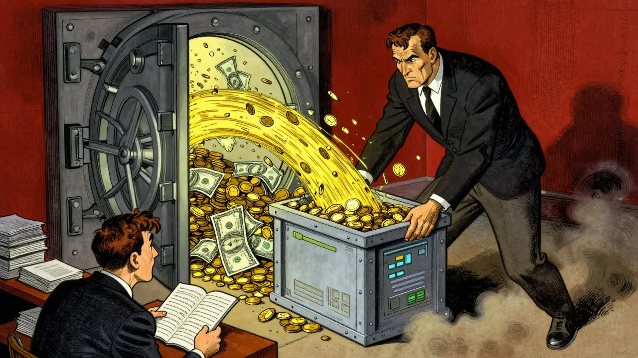 Artistic depiction of money flowing from a bank vault to a central digital holder during stress