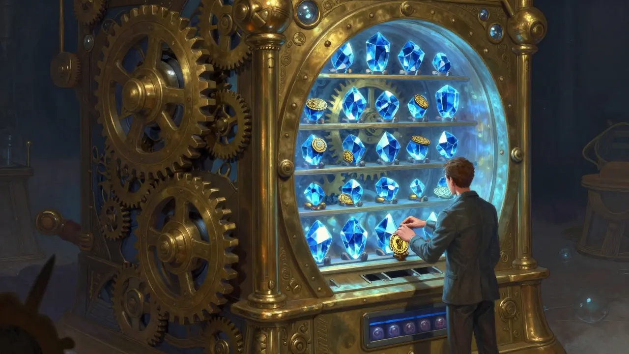 Brass vending machine dispensing tokens automatically, Howard Pyle style