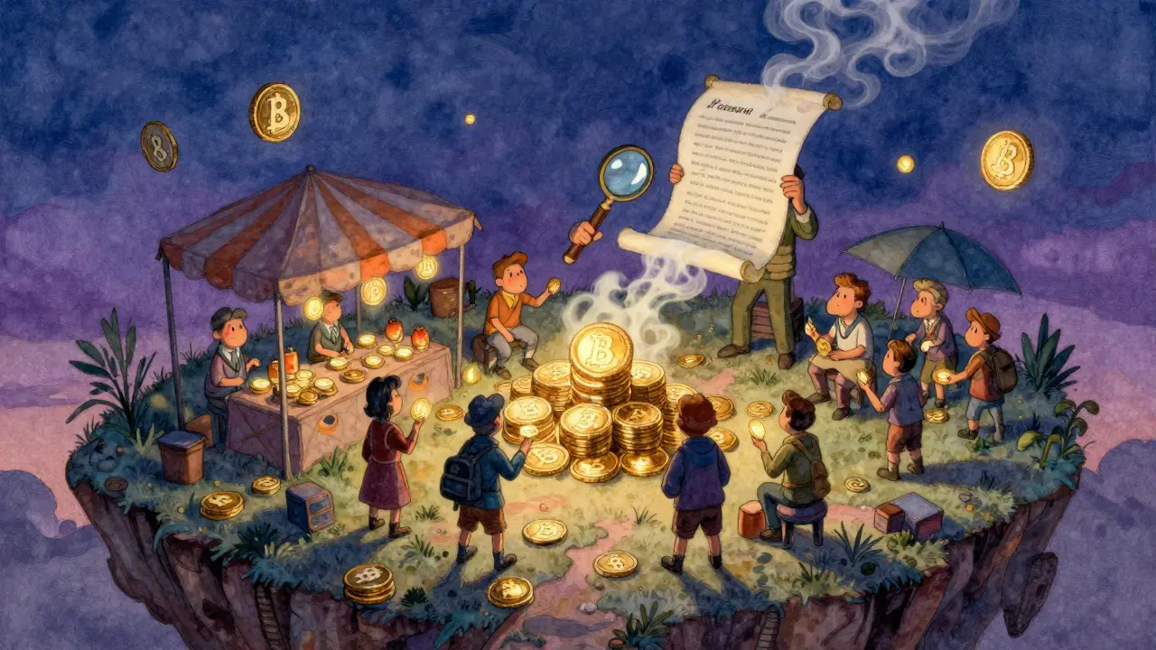 Cartoon figures trading glowing butter coins on a floating island