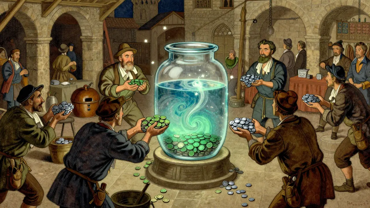 Cartoon of traders exchanging coins around a glowing jar in a marketplace