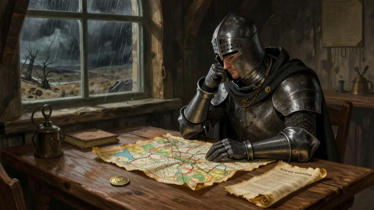 Cautious knight studying maps and a tarnished coin in a stormy tavern setting.