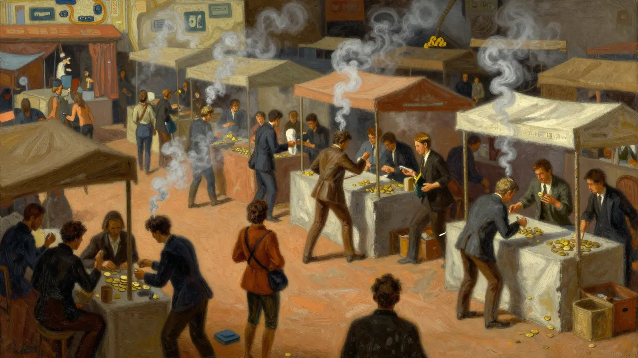 Chaotic market scene where frequent trades trigger constant tax events, stressing active investors
