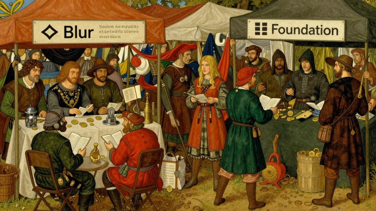 Chaotic marketplace scene showing conflicting platform policies and trader disputes