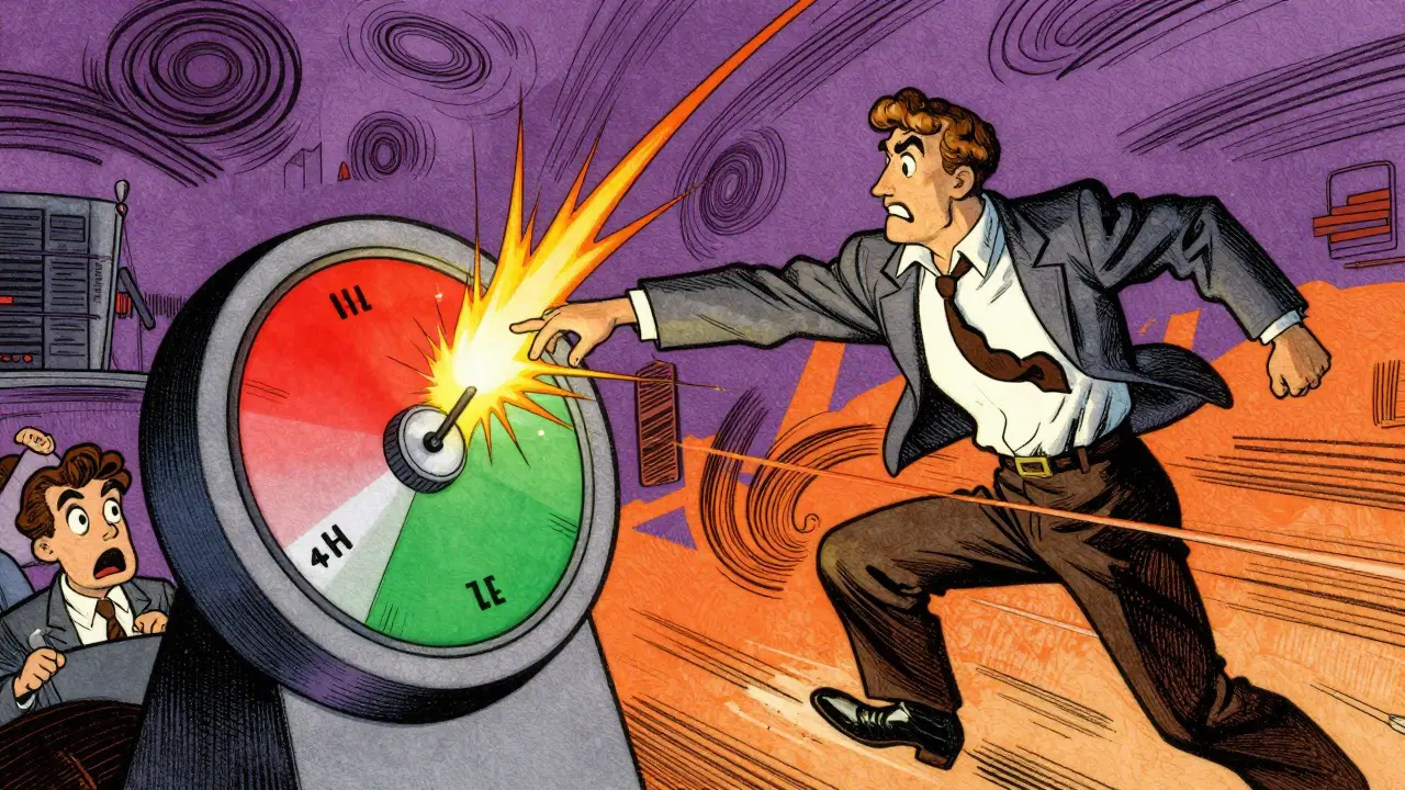 Character using an instant flip tool amidst chaotic market visuals in cartoon style