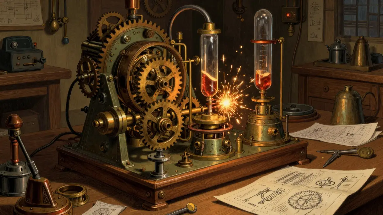 Complex steampunk machine sparking in a workshop, symbolizing DeFi experiments