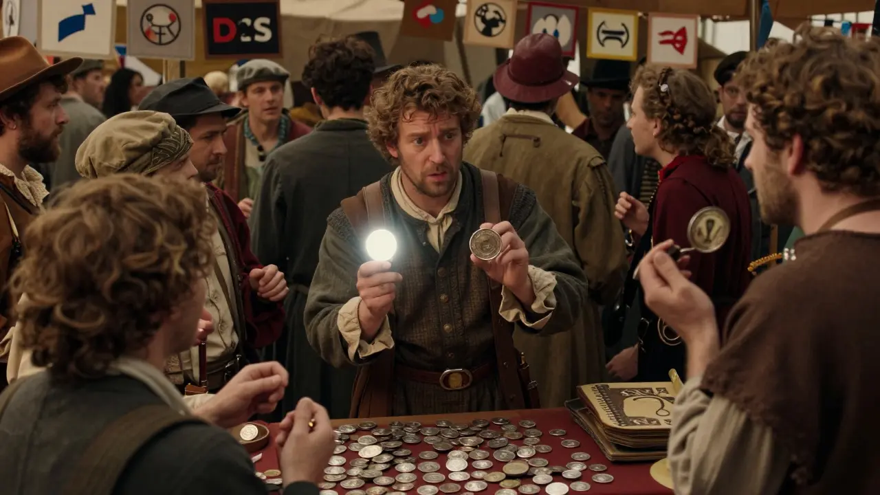 Confused traders compare coins of differing value in a chaotic marketplace illustration