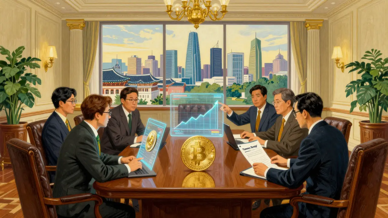 Corporate executives reviewing crypto assets in a formal boardroom setting