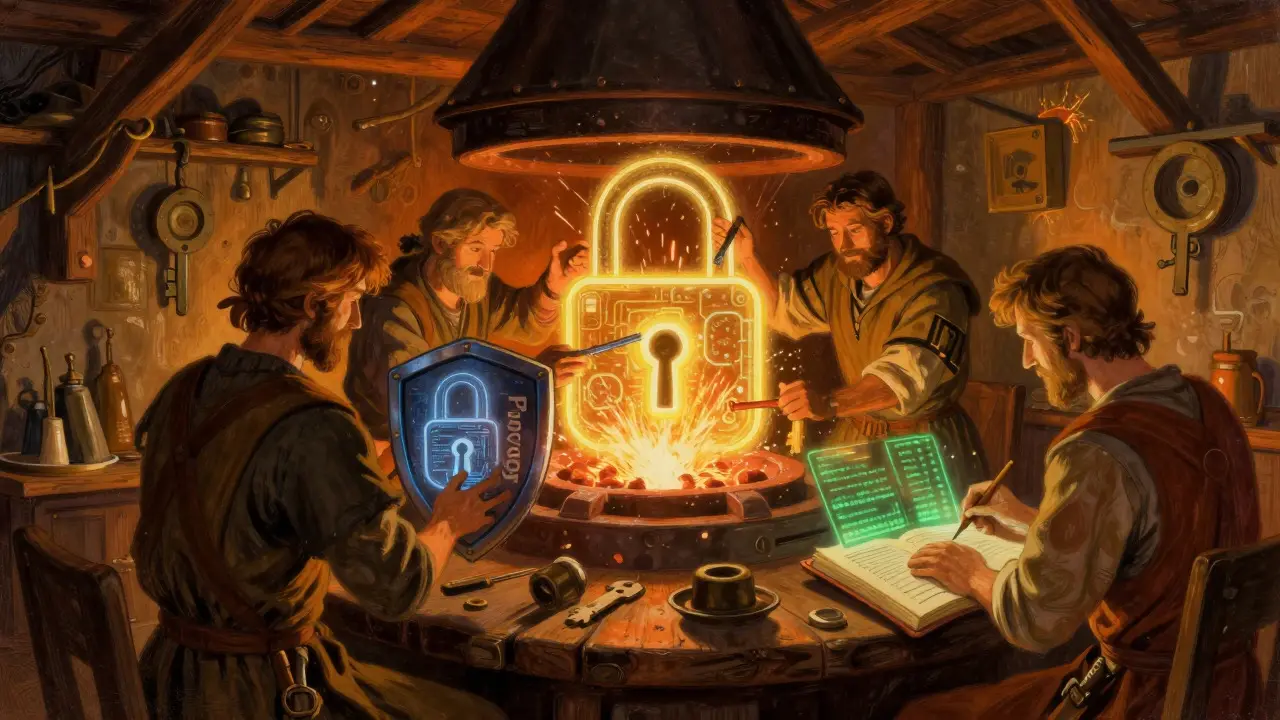 Craftsmen forging privacy-focused digital locks in a workshop