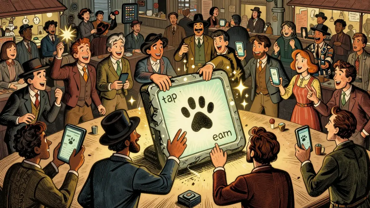Crowd of people tapping magical tablets in a Howard Pyle style cartoon scene